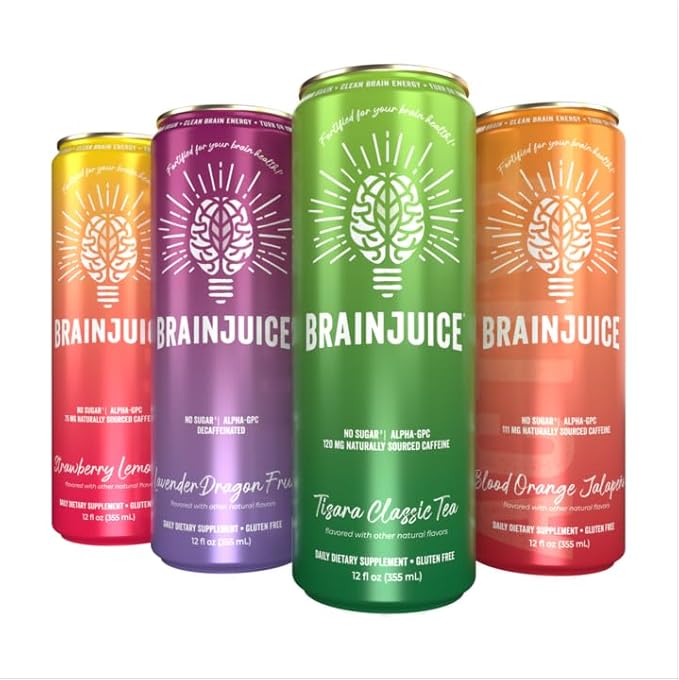 BrainJuice Variety Pack Daily Brain Supplement Drink with Vitamins Amino Acids &amp Natural Green Tea | Sugar-Free Vegan Gluten-Free Non-GMO 12 fl oz (4-Pack)