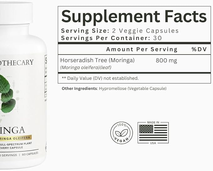 Moringa Oleifera Capsules 800mg - Pure Leaf Powder Superfood with Antioxidants Vitamins Minerals Amino Acids - Energy Immune Support Green Supplement for Men Women - Vegan Non-GMO - 60 Count