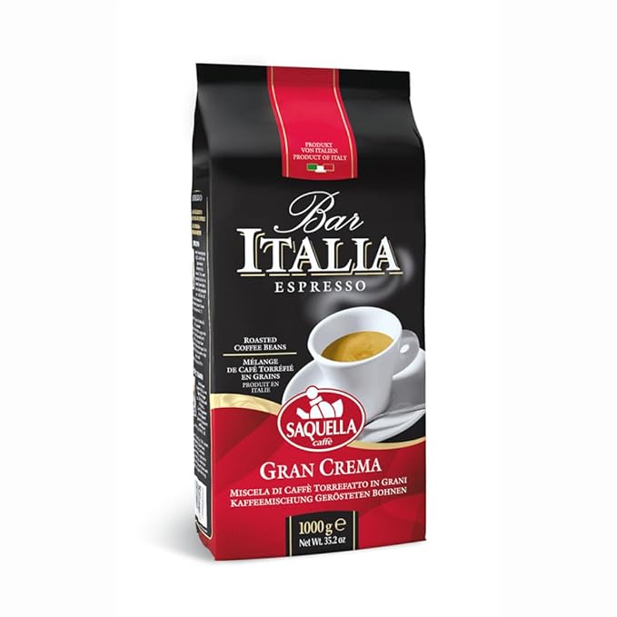 Saquella Bar Italia Gran Crema Espresso Coffee Beans 1kg (2.2 lb) | Authentic Italian Roast | Full-Bodied Velvety Crema &amp Rich Aroma | Perfect for Espresso Cappuccino &amp Latte