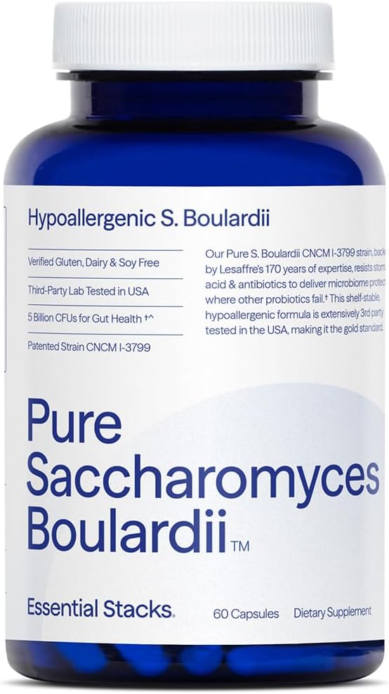 Essential Stacks Saccharomyces Boulardii Probiotics (Non-GMO &amp Gluten Free) - 5 Billion CFUs for Gut Health (60 Capsules)