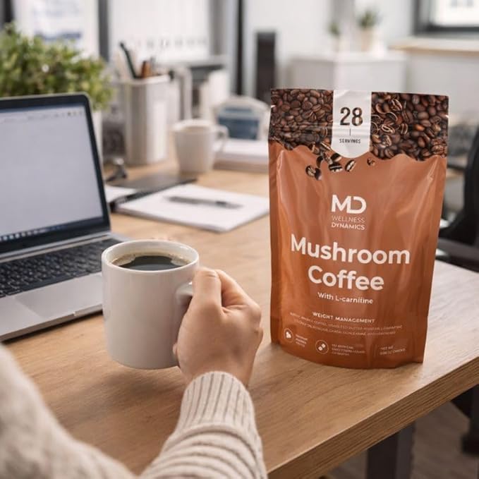 Mushroom Coffee with L Carnitine Coconut Oil &amp Grass Feed Butter – Lion’s Mane Reishi Chaga Cordyceps Smooth Energy Metabolism Focus Coffee – 28 Servings