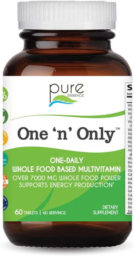 One n Only Whole Food Multivitamin by Pure Essence - Super Energetic Once a Day with Superfoods Minerals Enzymes Vitamin D D3 B12 Biotin - 60 Tablets