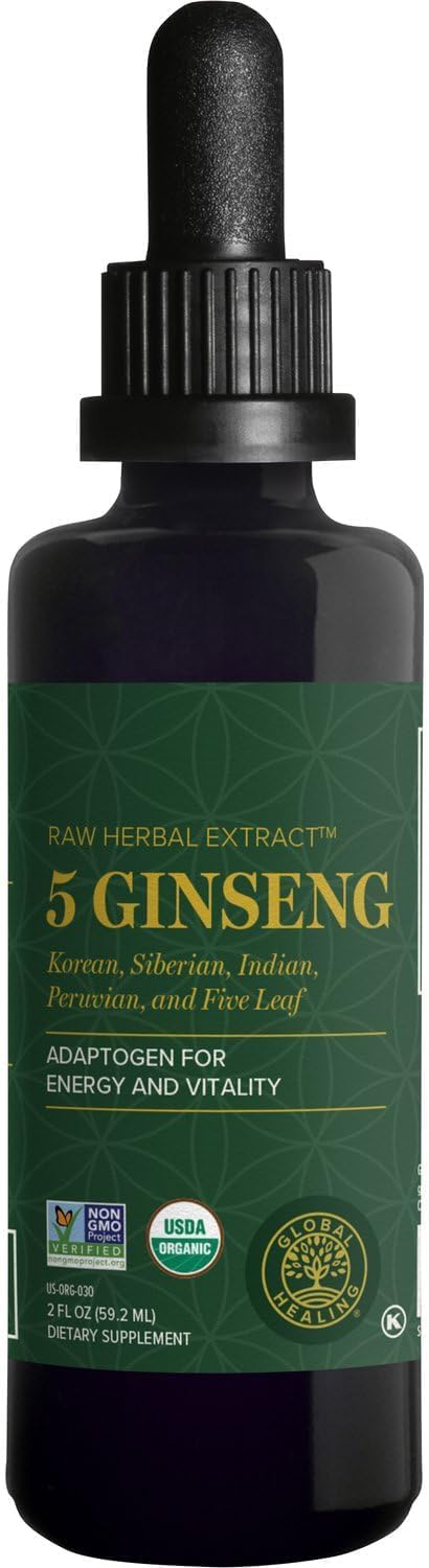 Global Healing Center - Ginseng - Organic Raw Herbal Extract - Liquid Panax Supplement Drop Promotes Energy - Korean and Siberian Ginseng Supplement Maca Ashwagandha - Non-GMO - 2 Fl Oz