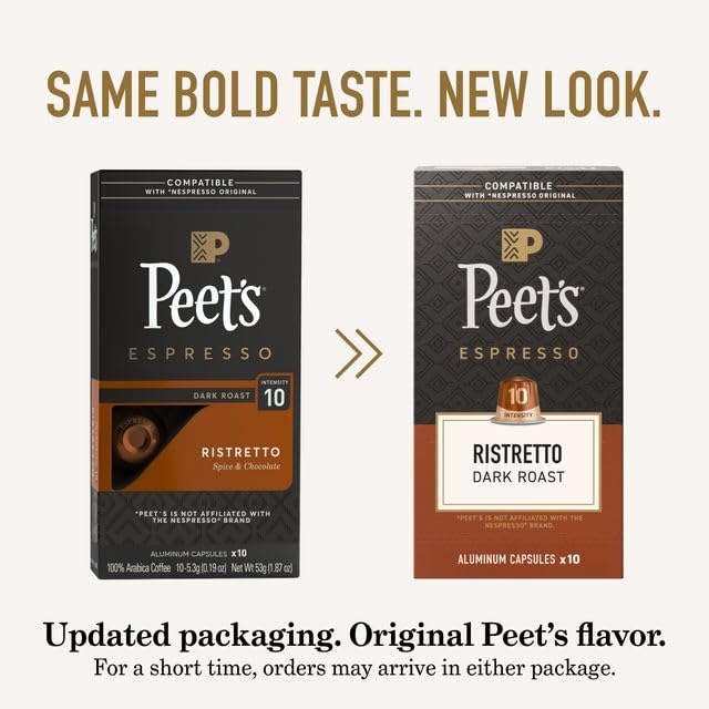 Peet's Coffee Dark Roast Espresso Capsules Compatible with Nespresso Original Machine 100% Arabica Coffee - Ristretto Intensity 10 50 Count (5 Boxes of 10 Espresso Capsules)