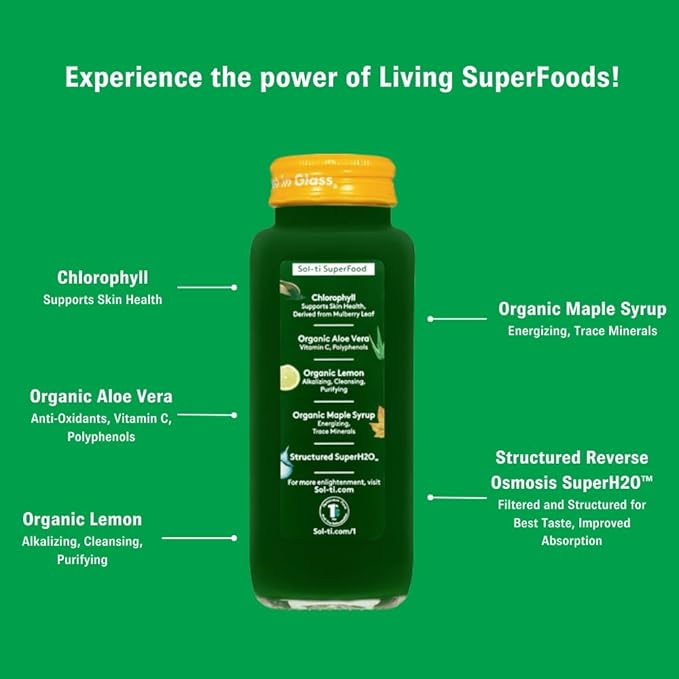 Organic SuperAde Hydration Drink Digestive and Skin Health SuperFood Lemonade by Sol-ti Cold-Pressed Chlorophyll Aloe and Lemon Juice Blend 16 Pack (14.9 Fl oz)