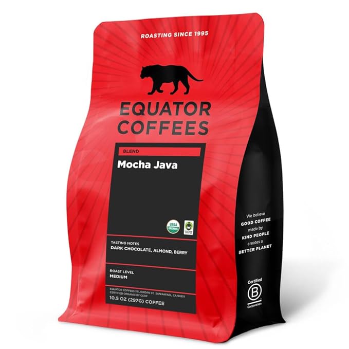 Equator Coffees Mocha Java Blend Organic Ground Coffee Medium Dark Roast Fresh Roasted Dark Chocolate &amp Berry Flavor Notes Sustainable and Fair Trade Certified 10.5 oz Bag