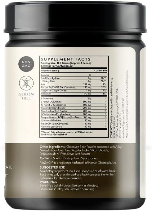TERRA ORIGIN Healthy Gut Chocolate | 30-Servings with L-Glutamine Zinc Glucosamine Slippery Elm Bark Marshmallow Root and More!