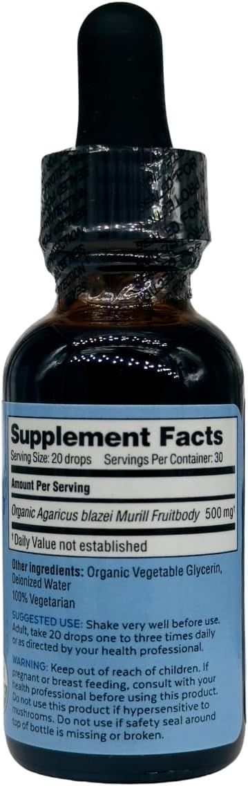 Agaricus Bio Super Liquid Organic Blazei Mushroom Extract Tincture Fruiting Body Beta-Glucan Drops for Natural Killer Cell Activity Liquid Mushroom Supplement for Liver and Immune Support 30 ml