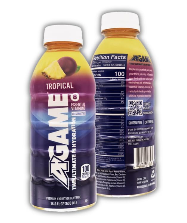 A-GAME Sports Drink Tropical The Ultimate Hydration Sports Beverage for Athletes 8 Essential Vitamins including B C &amp E plus Natural Sea Salt Electrolytes All Natural Flavors &amp Sweetener