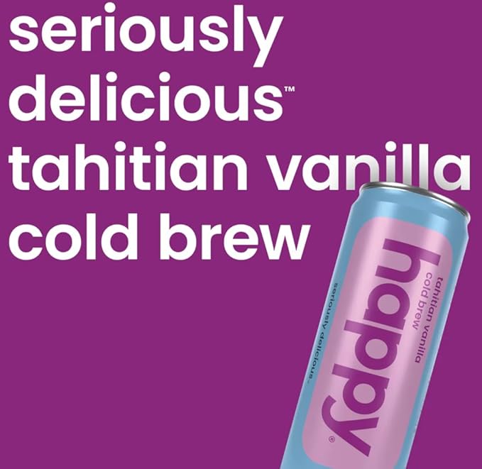 happy coffee tahitian vanilla cold brew 11 oz. cans 12 pack notes of marshmallow &amp magic 100% arabica beans no artificial flavors or artificial sweeteners