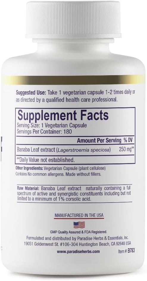 Paradise Herbs Banaba Leaf 12:1 Concentrated Extract 250 mg Vegan Gluten-Free Non-GMO 180 Capsules
