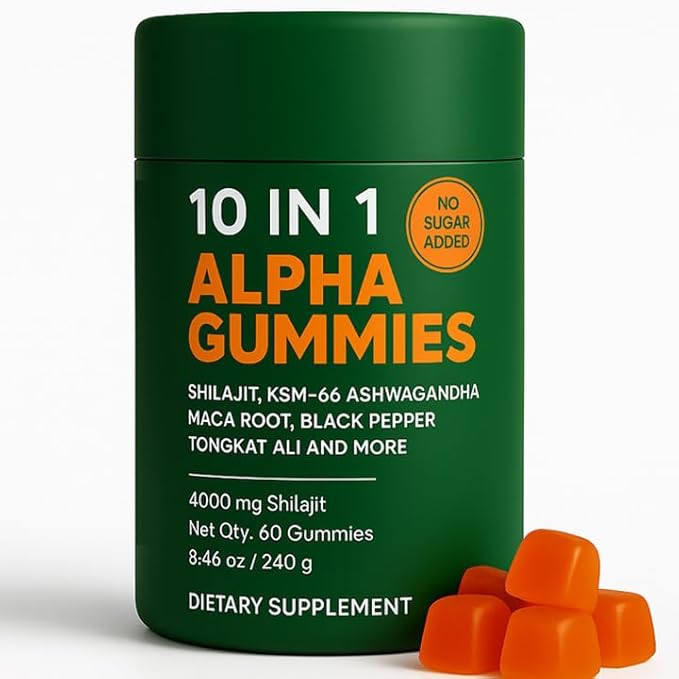 Alpha Gummies 10 in 1 for Men | 4000mg Himalayan Alpha Shilajit Gummies for Energy &amp Immune | 75% Fulvic Acid 85+ Trace Minerals Ashwagandha Gokshura | No Added Sugar Non-GMO 60 Count (1)