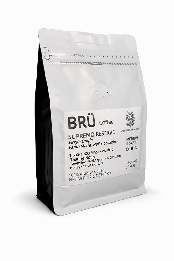 BRÜ Coffee Colombian Ground Coffee - Medium Roast - Single Origin – Huila High Elevation – 100% Arabica – Washed