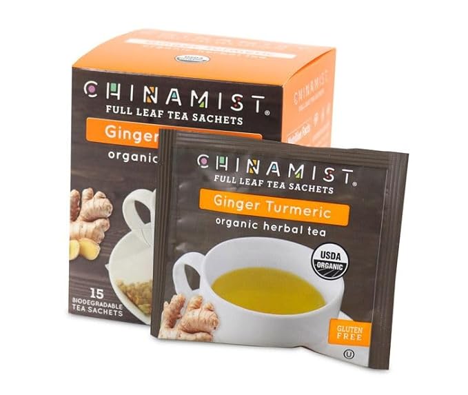 China Mist Full Leaf Tea Sachets Ginger Turmeric Organic Herbal Tea 6x15 Biodegradeable Tea Sachets (90 total)