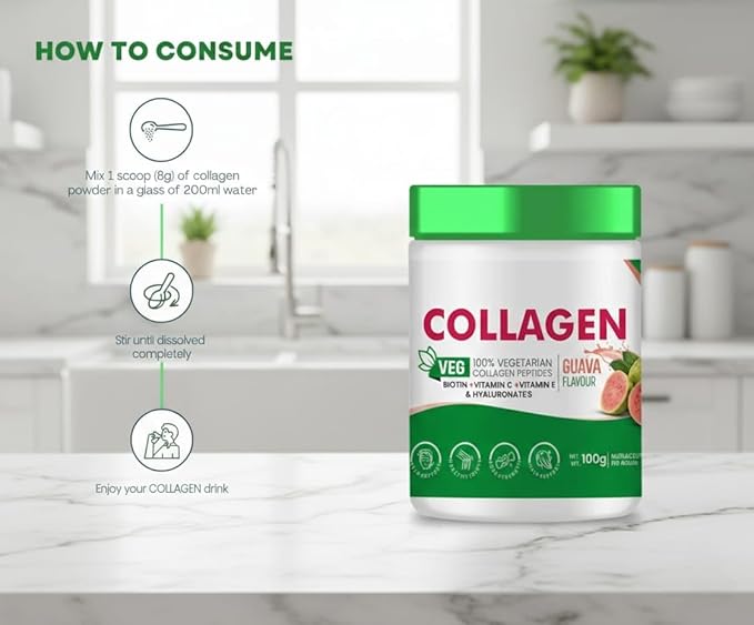 Vegetarian Collagen Supplements Powder by for Healthy Skin Hair &amp Nails 100G Guava Flavour with Biotin Vitamin C Vitamin E &amp Hyaluronates