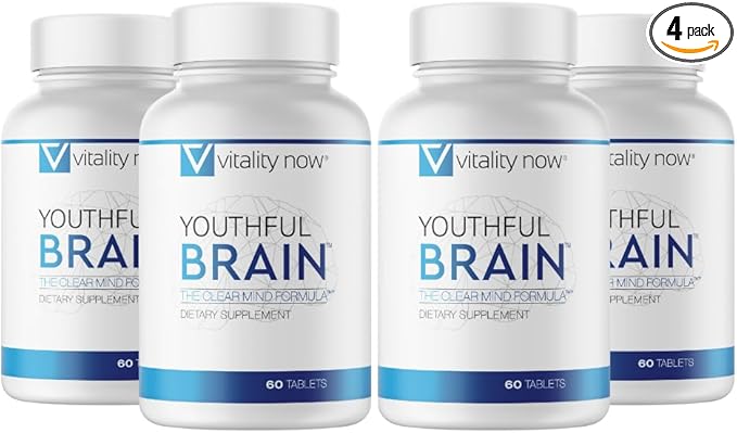 Youthful Brain 4 Bottle Bundle - Memory &amp Brain Health Support Supplement - Brain Booster Clarity with Bacopa Monnieri Ginkgo Biloba B12-120-Day Supply (240 Count)