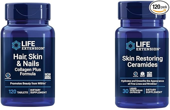 Life Extension Hair Skin &amp Nails Collagen Plus Formula 120 Count &amp Skin Restoring Ceramides 30 Liquid Vegetarian Capsules