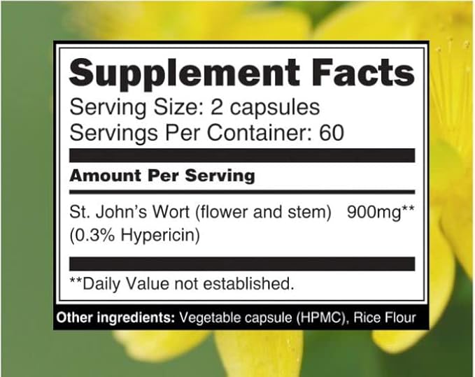 St Johns Wort 900mg-Mood Support Supplement*-Calm Supplements*-120 Vegetable St Johns Wort Capsules(2 Month Supply)450mg of Vegan Non-GMO St. John's Wort (Hypericum Perforatum)0.3%Hypericin per Cap