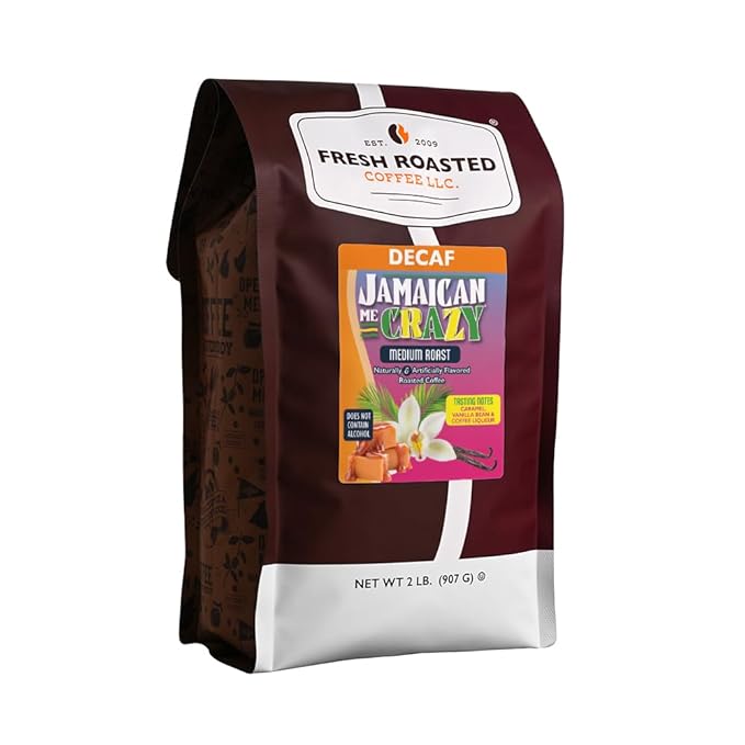 Fresh Roasted Coffee Decaf Jamaican Me Crazy Flavored Coffee 2 lb (32 oz) Medium Roast Kosher Ground