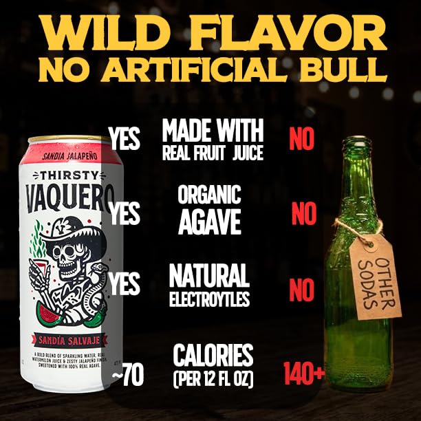 Thirsty Vaquero Variety Pack Mexican-inspired soda Real Fruit Juice &amp Savory Spices Organic Agave Low Calorie | Lime Salt &amp Chile Watermelon Jalapeno Mango Habanero (12-Pack | 16Oz Can