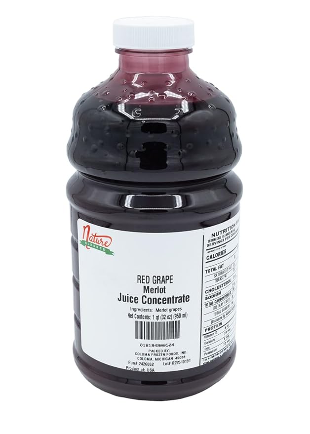 Nature Blessed 100% Pure Merlot Red Grape Fruit Juice Concentrate - 1 Quart (1/32 fl oz bottle) Perfect for wine making Brewers Spirits Ciders Smoothies