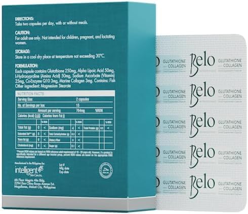 Belo Nutraceuticals Glutathione Collagen Advanced Skin Support Beauty Capsule Supplement - 30 Capsules