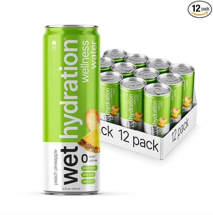 Wet Hydration | Functional Wellness Water Non-Carbonated - Peach Pineapple (12 Ounce Cans Pack of 12) - Flavored Water Hydration Drink No Sugar No Artificial Ingredients Zero Calories (Packaging