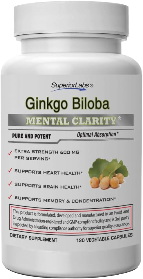 Superior Labs Ginkgo Biloba 1200 mg Non-GMO Black Pepper for Increased Absorption Ginkgo Extract Improves Memory &amp Focus Circulation Booster Natural Antioxidant Nootropic 120 Veg Caps