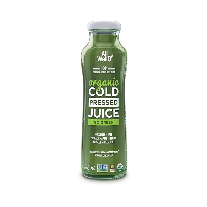 ALLWELLO Organic Cold Pressed Juice Drinks with Real Fruits and Vegetables Gluten Free Non-GMO Healthy Juices No Preservatives No Sugar Adde (6 Pack Go Green)