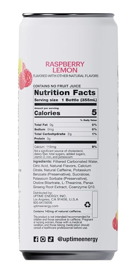 UPTIME Energy Drink Raspberry Lemon Sparkling 12 Pack Vitamin C L Theanine Calcium Sugar Free Energy Drinks for Focus Support 142mg of Natural Caffeine 5 Calories Natural 12 fl oz Cans