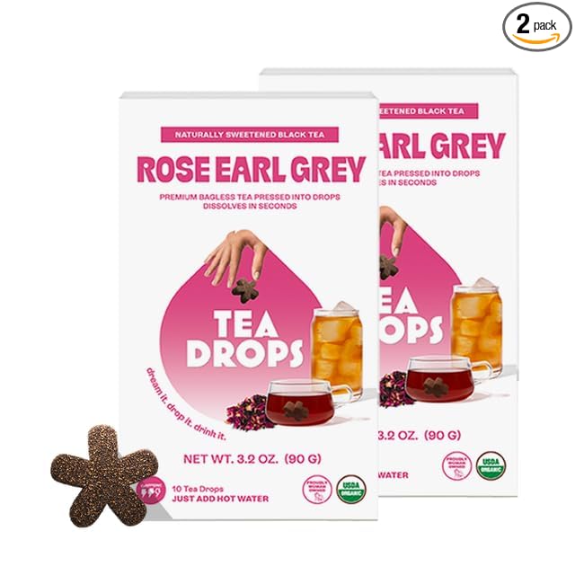 Tea Drops Rose Earl Grey Tea With Organic Rose Petals | Organic Bagless Loose Leaf | Prebiotic Nutrient Rich Caffeinated | Iced or Hot | 2 Pack - 20 Drops Total