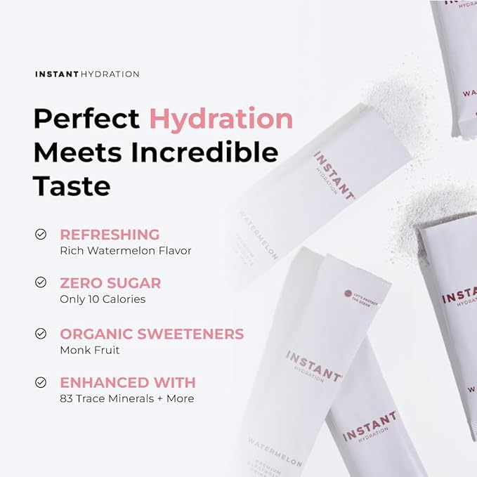 Instant Hydration Electrolytes Powder Packets - Watermelon Electrolyte Drink Mix - Zero Sugar - Keto Vegan Gluten-Free Non-GMO - Boost Recovery Brain Health Muscle &amp Tissue Support- 30 Sticks