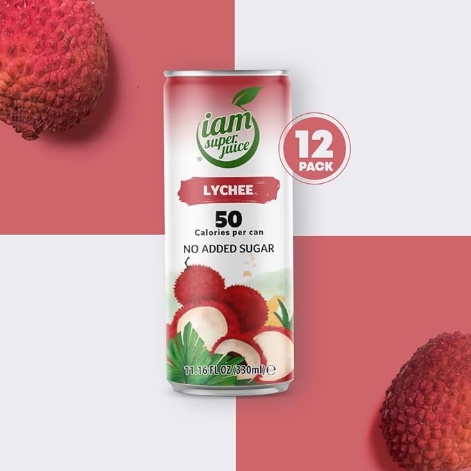 Lychee Fruit Juice Drink 100% Natural - I am Superjuice - No added sugars concentrate preservatives - 12pack 11.16oz - low calorie - NON GMO - Vegan