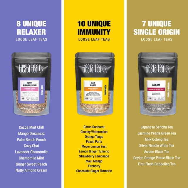 Tiesta Tea - Tiesta Tastings Sampler Dry Flight Set Loose Leaf High to No Caffeine Makes Hot and Iced Assorted Tea Sets with Herbal Chai Fruit Blend &amp More 45 Resealable Sample Pouches
