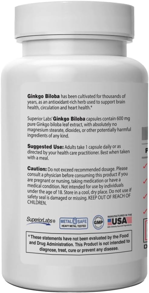 Superior Labs Ginkgo Biloba 1200 mg Non-GMO Black Pepper for Increased Absorption Ginkgo Extract Improves Memory &amp Focus Circulation Booster Natural Antioxidant Nootropic 120 Veg Caps