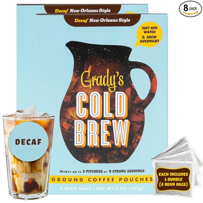 GRADY’S COLD BREW New Orleans Style - DECAF 100% Arabica Ground Coffee &amp Chicory Pouches TWO Bundles of 4 Easy-to-Brew Bean Bags Makes 24 drinks