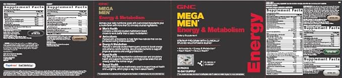 GNC Mega Men Energy and Metabolism Vitapak Program Convenient Complete Nutrition 5 Products in 1 Packet Calorie Burn Thermogenic 300mg Caffeine 30 Daily Packs