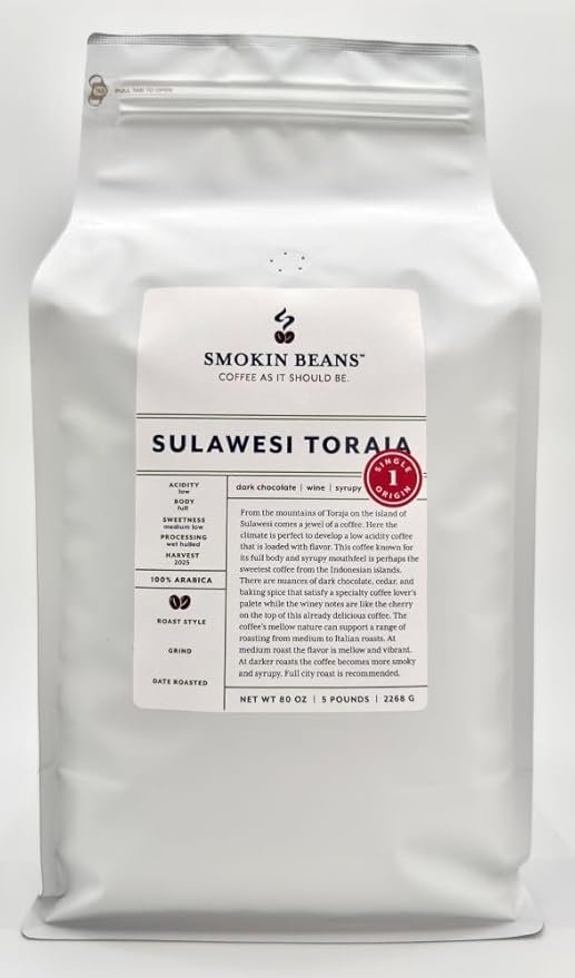 Smokin Beans 5-Pound Indonesia Sulawesi Toraja Freshly Roasted Coffee Giling Basah Processing Medium Roast Premium Whole Bean Specialty Coffee