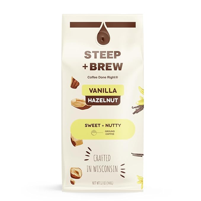 STEEP + BREW Vanilla Hazelnut Coffee | Premium Arabica Flavored Coffee | Ground | Light Roast | 10 oz | PACK OF 6