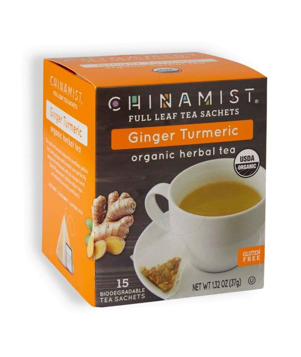 China Mist Full Leaf Tea Sachets Ginger Turmeric Organic Herbal Tea 6x15 Biodegradeable Tea Sachets (90 total)