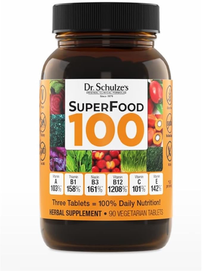 Dr. Schulze's SuperFood 100 - Everyday Superfood Supplement to Support Overall Wellness - Mutivitamin Support for Cellular Nutrition &amp Energy - Clean Ingredients - Gluten-Free &amp Dairy-Free - 9