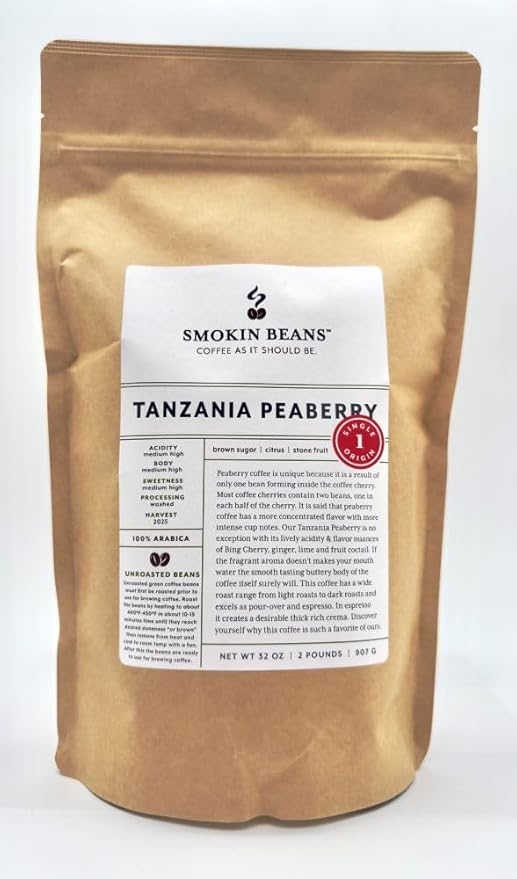 2-Pound Tanzania Peaberry Unroasted Green Arabica Coffee Beans Fresh Current Crop Specialty Grade Roast the Beans Yourself at Home on Your Roasting Equipment Prior to Using for Brewing Coffee