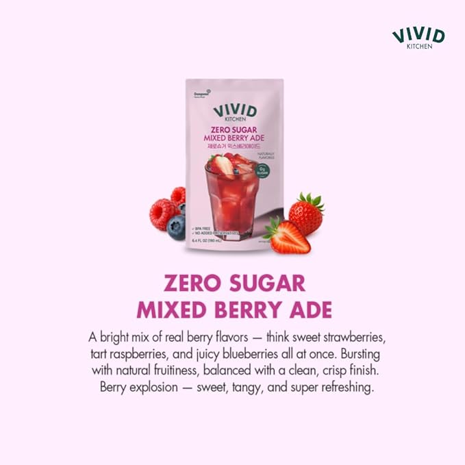 VIVID KITCHEN | Mixed Berry Ade Pouch drinks – Zero Sugar Zero Calories | Korean Convenience Store Drink | No Artificial Preservatives or Corn Syrup | 6.4 fl oz (10 Pouches) (10 Pouch Mixed Berry Ad