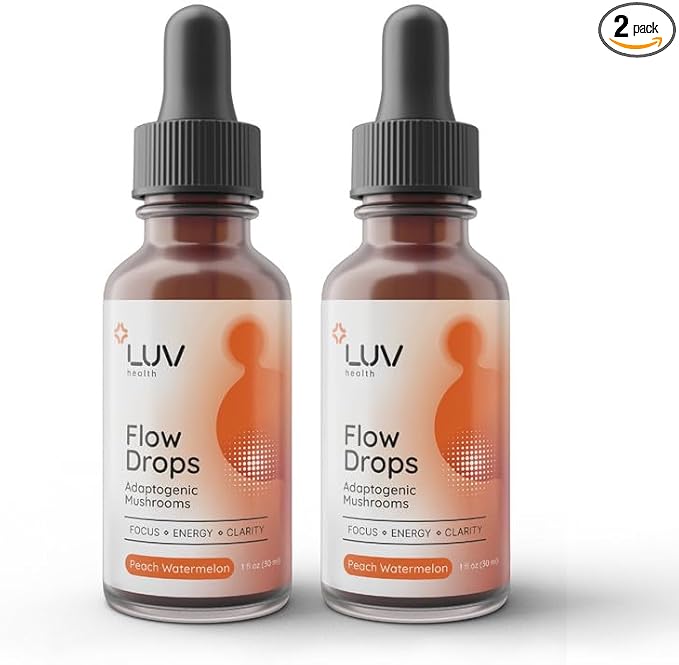 LUV health Flow Drops® – Energy Supplement for Focus Mental Clarity &amp Immune Support - Adaptogenic Mushrooms with Lion’s Mane Cordyceps Reishi Chaga &amp Turkey Tail – Vegan Made in USA 60 S