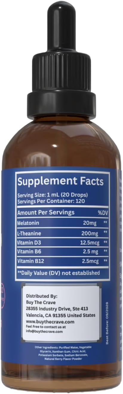 Melatonin Drops 20mg with L-Theanine Vitamin B6 B12 &amp D3 – Berry Flavor Sleep Support Fast-Acting Liquid Melatonin 4 fl oz (120mL) Natural Nighttime Relaxation Formula