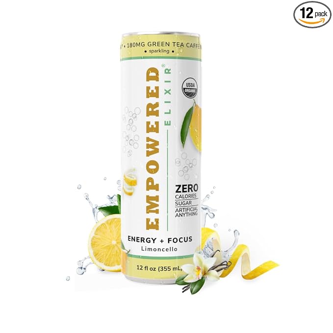 Sparkling Limoncello Infused Energy &amp Focus Drink | Green Tea (Natural Caffeine) L-Theanine Ashwagandha Electrolytes |12oz. Cans (Pack of 12)