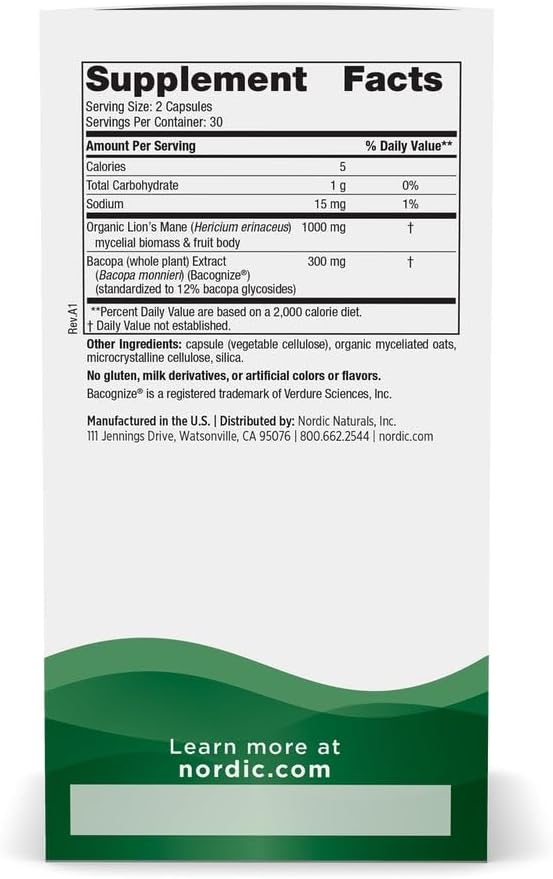 Nordic Naturals Cognition Mushroom Complex Unflavored - 60 Capsules - Brain Memory &amp Mood Support - Blend of Lion’s Mane Mushroom &amp Bacopa Extract - Non-GMO - Certified Vegan - 30 Servings