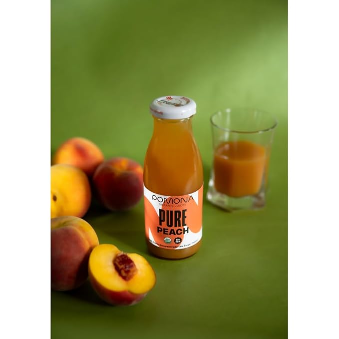 Pomona Organic Peach Juice (Pack of 12) Cold Pressed USDA Organic Juices 100% Peaches No Added Sugar Not From Concentrate Vegan Kosher Non GMO Pasteurized 8.4 oz Glass Bottles