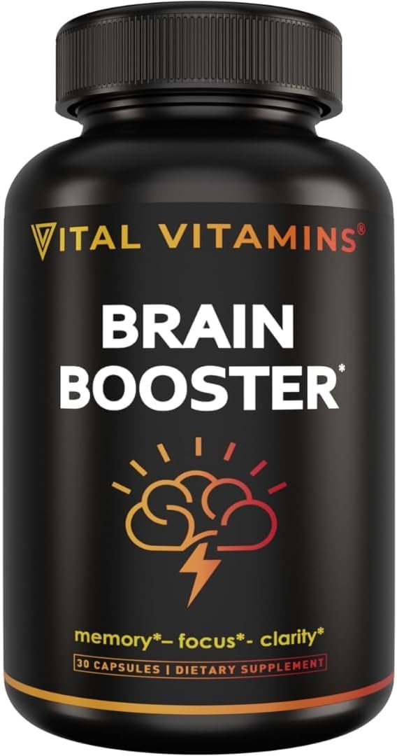 Vital Vitamins Brain Supplements with Bacopa Monnieri - for Memory and Focus – Nootropic Brain Booster - Caffeine-Free Support for Adults &amp Seniors – Non-GMO 30-Day Supply 30 Capsules