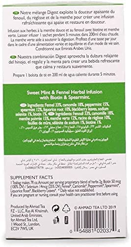 Ahmad Tea Herbal Tea Sweet Mint Fennel &amp Biotin 'Digest' Natural Benefits Teabags 20 ct (Pack of 6) - Decaffeinated &amp Sugar-Free